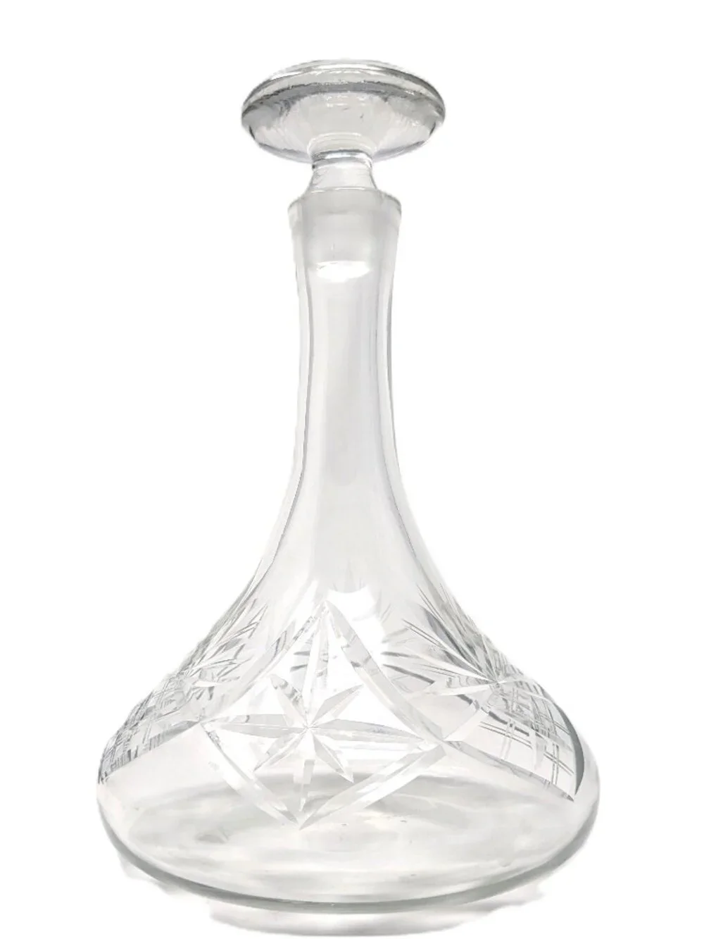 Vintage Ships Decanter Diamond Cut Blown Glass Thick heavy 11